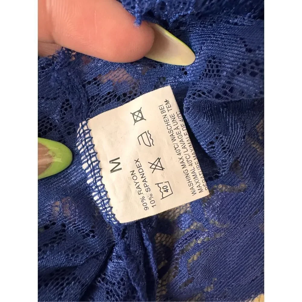 Avidlove Blue Lace Teddy Bodysuit Sheer Deep V Lingerie Open Back Size M